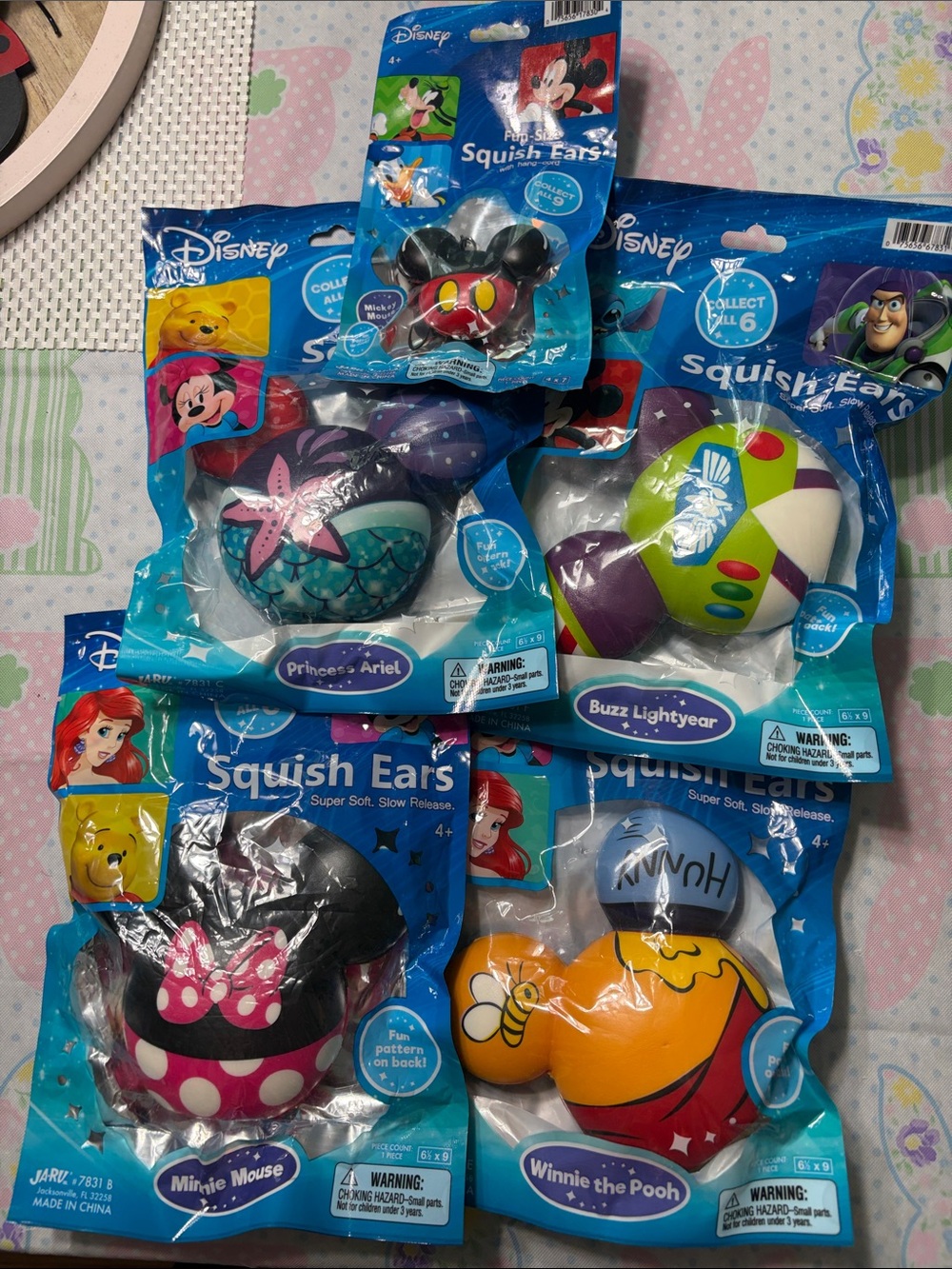 Disney Squish Ears Minnie, Mickey Ariel, Pooh, and buzz